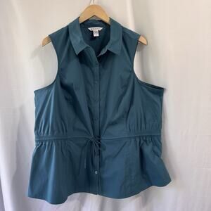 Athleta Teal Button-Front Drawstring Sleeveless Top